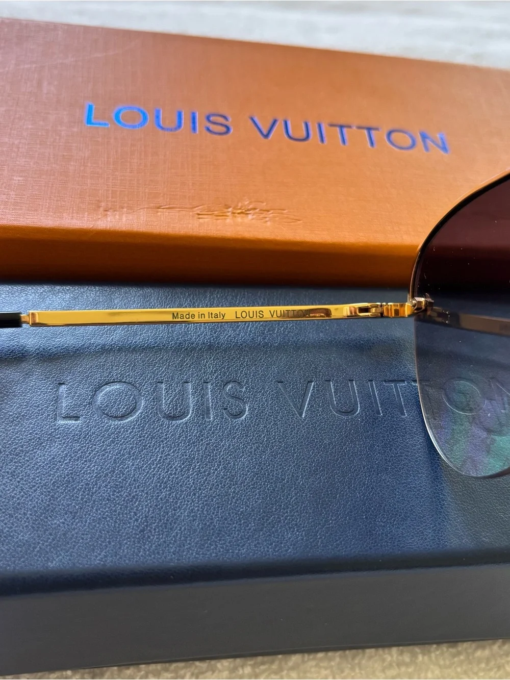 Louis Vuitton Gold-Tone Aviator Sunglasses with Blue Monogram Lenses